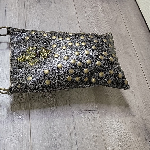Bridget Shuster Brown Leather Brass Studded Crystal Crossbody Shoulder Bag Purse - Picture 5 of 13